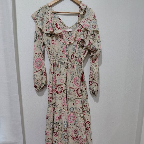 Boemo Anthropologie Maxi Dress Floral Tassels Beige Large - Picture 1 of 9